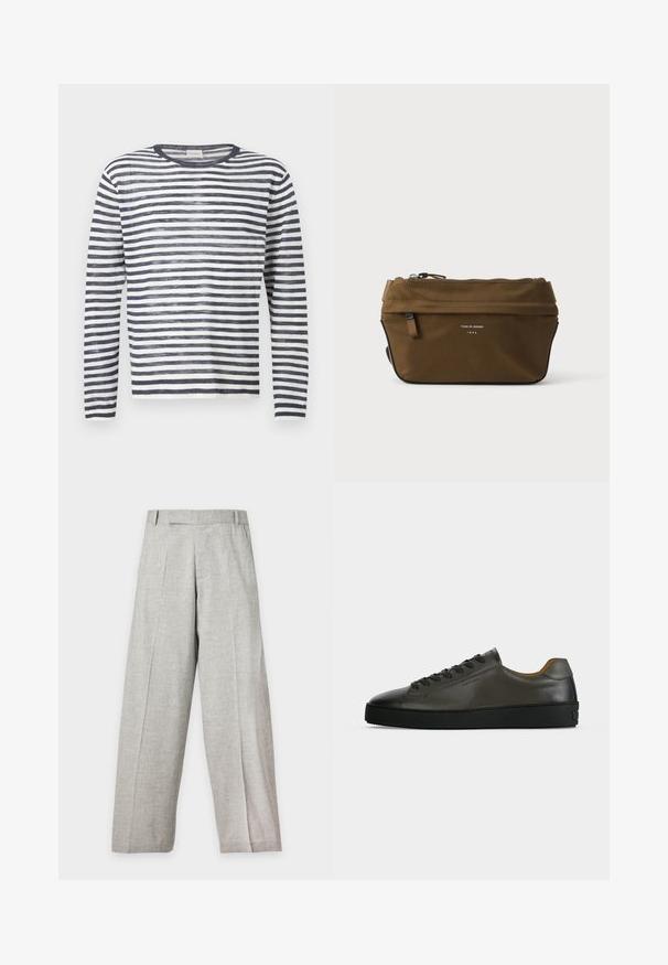 Pull en maille à manches longues et col rond avec des rayures horizontales bleu marine et blanches.; Pantalon large gris clair avec plis sur le devant, passants pour ceinture et coupe droite, présenté sur un fond blanc uni.; Basket basse en cuir gris foncé avec lacets et semelle noirs, design minimaliste, profil latéral sur un fond clair uni.; Trousse rectangulaire marron à fermeture éclair, avec petite poche avant et texte "Tiger of Sweden 1903" sur le devant.