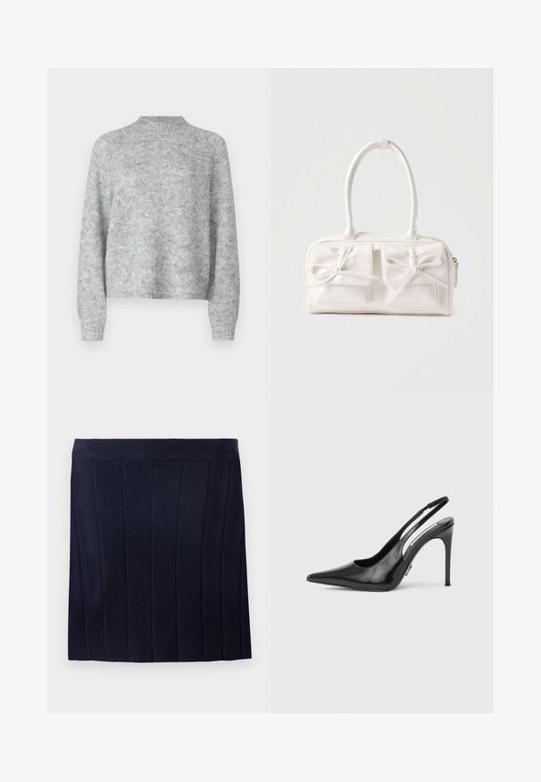 Lichtgrijze trui met hoge nek, lange mouwen en een losse pasvorm. Gemaakt van een textuur gebreide stof met subtiele kleurvariaties.; Object OBJTHESS - Minirok - sky captain; Zwarte lakleren slingback pump met hoge hak, puntige neus, open zijkanten en een slanke hak. Glanzende afwerking met minimale hardware details.; Witte synthetische handtas met twee voorzakken, elk voorzien van een gebonden strikdetail. Soepele textuur, afgeronde handgrepen en een ritssluiting.