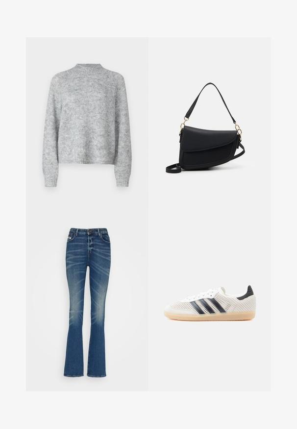 Lichtgrijze trui met hoge nek, lange mouwen en een losse pasvorm. Gemaakt van een textuur gebreide stof met subtiele kleurvariaties.; Flared denim jeans in een middelblauwe wassing met whiskeringdetails. Voorzien van een knoopsluiting, vijf zakken en een klassieke, aansluitende silhouet.; Witte sneakers van mesh met een zwart ontwerp van drie strepen, een ronde neus en een rubberen gumzool. Voorzien van een zachte hielkraag en een vetersluiting.; Zwarte leren handtas met een gestructureerde afwerking, voorzien van een enkele schouderriem en gouden hardware-accenten. Het ontwerp is strak en minimalistisch.