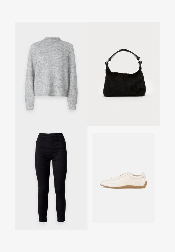 Lichtgrijze trui met hoge nek, lange mouwen en een losse pasvorm. Gemaakt van een textuur gebreide stof met subtiele kleurvariaties.; Zwarte skinny jeans met een hoge taille, gemaakt van stretchdenim. Voorzien van een sluiting met een knoop aan de voorkant en twee achterzakken. Soepele textuur.; Witte leren sneaker met een gladde textuur, ronde neus en tonale stiksels. Voorzien van een tankleurige rubberen zool en vetersluiting.; Zwarte neplederen handtas met een zachte textuur, ronde vorm en een stevige zwartleren schouderband. Zilveren hardwareaccenten zichtbaar.