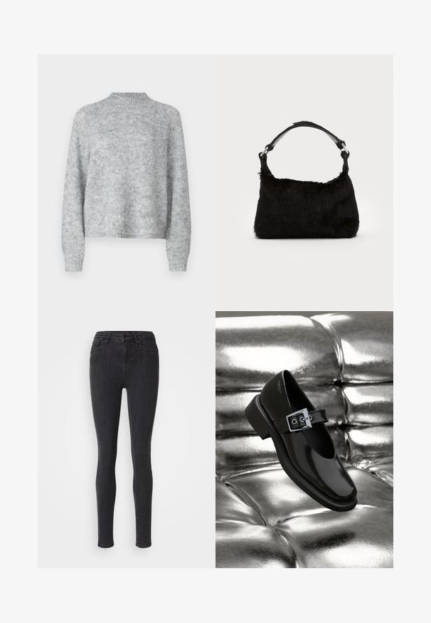 Lichtgrijze trui met hoge nek, lange mouwen en een losse pasvorm. Gemaakt van een textuur gebreide stof met subtiele kleurvariaties.; Zwarte skinny jeans gemaakt van denim. Heeft een hoge taille, ritssluiting met knoop, en vijf zakken. Soepele textuur, zonder versieringen.; Zwarte leren Mary Jane-schoenen met een vierkante neus, een zilveren gesp accent en een chunky lage hak, tegen een glanzende zilveren achtergrond.; Zwarte neplederen handtas met een zachte textuur, ronde vorm en een stevige zwartleren schouderband. Zilveren hardwareaccenten zichtbaar.
