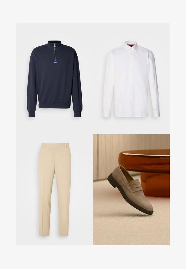 Donkerblauwe sweatshirt met een hoge kraag en een halve rits, met ribgebreide manchetten en zoom, en een klein blauw logo aan de voorkant.; Witte overhemd met lange mouwen van katoen, met een klassieke kraag, een voorkant met knopen en een gladde textuur. Rode details aan de binnenkant van de kraag.; Beige op maat gemaakte broek met een recht gesneden ontwerp, gemaakt van lichtgewicht stof, met twee voorzakken en nette, geplooide vouwen.; Beige suède loafer met zwarte zool zwevend boven licht tapijt, naast een glanzende bruine ovale salontafel in een moderne kamer.