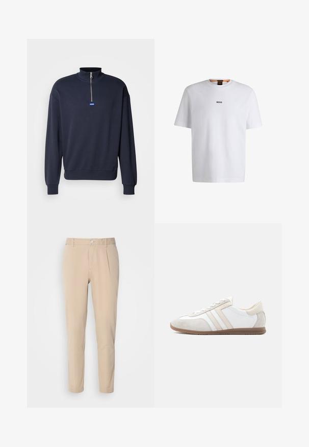 Marineblå sweatshirt med høj krave og halvlukning, med ribbede manchetter og kant, samt et lille blåt logo på forsiden.; Hvid bomuld T-shirt med korte ærmer, med et sort "BOSS" logo centreret på brystet og en rund halsudskæring.; Beige bukser med en slim fit, lavet af vævet materiale. Har en enkelt knaplukning, plisseret front og lige ben.; Lavprofileret hvid og beige sko med ruskindsdetaljer, snørelukning og brun gummisål, vist i sideprofil på ensfarvet baggrund.
