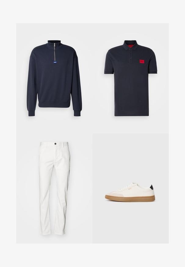 Donkerblauwe sweatshirt met een hoge kraag en een halve rits, met ribgebreide manchetten en zoom, en een klein blauw logo aan de voorkant.; Marineblauwe polo shirt van katoen, met een drieknoopsluiting, geribbelde kraag en manchetten, en een rood logo op de linkerborst.; Witte katoen broek met een rechte snit, voorzien van een knoopsluiting en zakken, zachte textuur en minimalistische stijl.; Witte sneakers met beige accenten, bovenwerk van glad leer, ronde neus en rubberen gumzool, met een zwarte hieltab en subtiele branding.