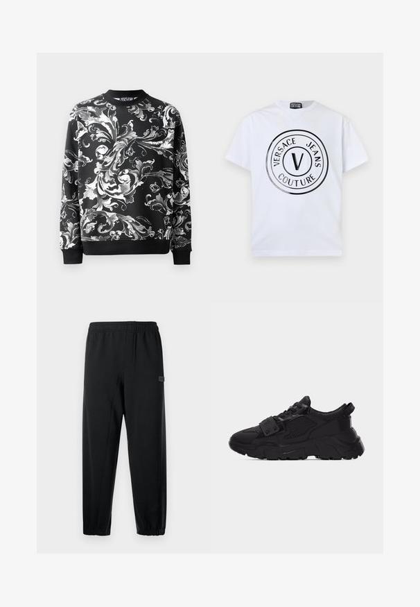 Sweatshirt noir avec des motifs floraux blancs élaborés, col rond et manches côtelées. Tissu lisse avec une coupe décontractée.; T-shirt blanc à manches courtes avec logo circulaire noir Versace Jeans Couture et lettre "V" au centre sur le devant.; Pantalons de survêtement noirs avec une taille élastique, des jambes fuselées et une petite patch de marque. Fabriqués en tissu lisse et léger.; Baskets noires épaisses avec des panneaux en mesh et cuir, semelle épaisse texturée, devant à lacets et une bride avec des clous métalliques traversant les lacets.