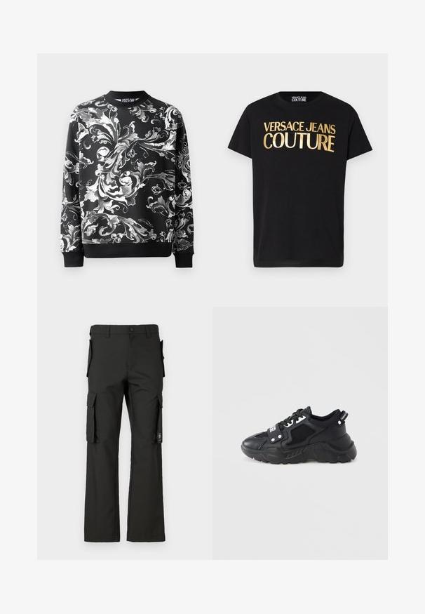Sweatshirt noir avec des motifs floraux blancs élaborés, col rond et manches côtelées. Tissu lisse avec une coupe décontractée.; T-shirt noir à manches courtes avec un large texte métallique doré « Versace Jeans Couture » sur le devant et un col rond.; Pantalons cargo noirs avec une coupe droite, présentant plusieurs poches latérales et une fermeture à bouton. Fabriqués en tissu résistant, texture lisse.; Baskets noires à semelle épaisse, avec des panneaux en mesh et des accents en cuir. Comprennent des lacets blancs et un logo sur le côté.