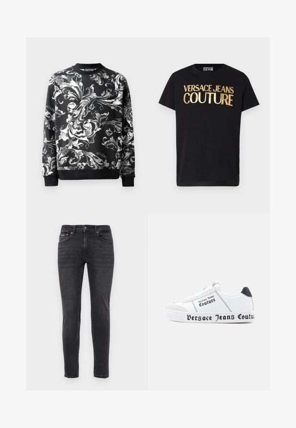 Sort sweatshirt med indviklede hvide blomster mønstre, rund halsudskæring og ribbede manchetter. Glat stof med en afslappet pasform.; Sort T-shirt med korte ærmer og stort metalisk gult "Versace Jeans Couture"-tryk på forsiden samt rund halsudskæring.; Slim-fit sorte denim jeans med fem lommer og en knap- og lynlåslukning, præsenteret mod en neutral hvid baggrund.; Hvide sneakers med en tekstureret overflade, sorte accenter og dristig "Versace Jeans Couture"-branding langs sålen og siderne.