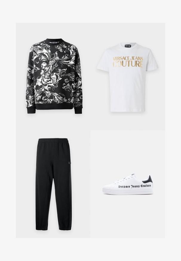 Mustra musternägu must veel ilusa musta lahega kätetõmbed. Sujuv kangas, millel on mugav lõige.; Valge puuvillane T-särk, millel on esiküljel rasvased kuldsed "VERSACE JEANS COUTURE" tähtedega kiri. Ümmargune kaelus ja lühikesed varrukad.; Mustad mustad püksid elastse vöökohaga, kitsenevad jalad ja väike bränditud silt. Valmistatud siledast, kergekaalu kangast.; Valge madala säärega tennisevabrik musta kannatükiga, nööppinnga disain ja „Versace Jeans Couture“ logo mustana trükitud küljele.