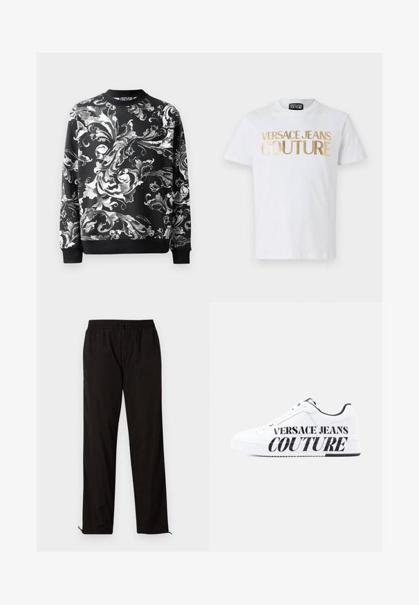 Mustra musternägu must veel ilusa musta lahega kätetõmbed. Sujuv kangas, millel on mugav lõige.; Valge puuvillane T-särk, millel on esiküljel rasvased kuldsed "VERSACE JEANS COUTURE" tähtedega kiri. Ümmargune kaelus ja lühikesed varrukad.; Mustad mustriga püksid elastse vöökoha, nööridega sulgemise ja reguleeritavate sääreotstega, millel on lukud. Sile ja läikiv tekstuur.; Valge madala lõikega toss, millel on must sisemuse vooder, paeltega eesmine osa ning suur must kiri "Versace Jeans Couture" talla külje ja pealse küljes.