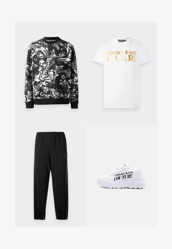 Sudadera negra con intrincados patrones florales blancos, escote redondeado y puños acanalados. Tejido suave con un corte relajado.; Camiseta blanca de manga corta con texto metálico dorado "Versace Jeans Couture" en el frente y cuello redondo.; Pantalones deportivos negros con una cintura elástica, piernas ajustadas y un pequeño parche de marca. Fabricados con una tela suave y ligera.; Zapatilla blanca gruesa con suela gruesa, diseño con cordones y "Versace Jeans Couture" impreso en letras negras negritas en el lateral.