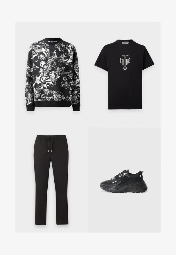 Sweatshirt noir avec des motifs floraux blancs élaborés, col rond et manches côtelées. Tissu lisse avec une coupe décontractée.; T-shirt noir à manches courtes avec le logo blanc "Versace Jeans Couture" et un motif de trident centré sur la poitrine.; Pantalon noir à jambes droites avec ceinture élastique et cordon de serrage à embouts métalliques, posé à plat sur un fond clair.; Basket de sport noire avec un panneau en maille texturée, semelle en caoutchouc épaisse, accents contrastants et fermeture à lacets. Dispose d'une languette arrière.
