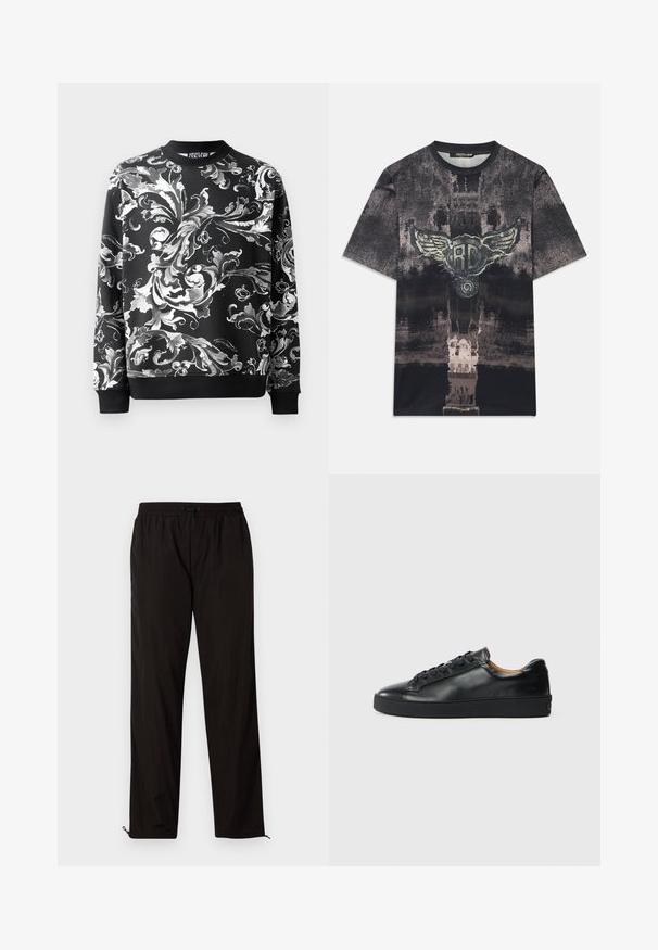 Sudadera negra con intrincados patrones florales blancos, escote redondeado y puños acanalados. Tejido suave con un corte relajado.; Camiseta de manga corta en negro y gris con textura desgastada y un emblema central alado que presenta las letras "RC."; Pantalones ligeros negros con cintura elástica, cierre de cordón y bajos con cremallera para un ajuste ajustable. Textura suave y elegante.; Zapatilla negra de cuero con una textura suave, puntera redonda y cierre de cordones. Presenta una suela de goma gruesa y un detalle de marca mínimo.