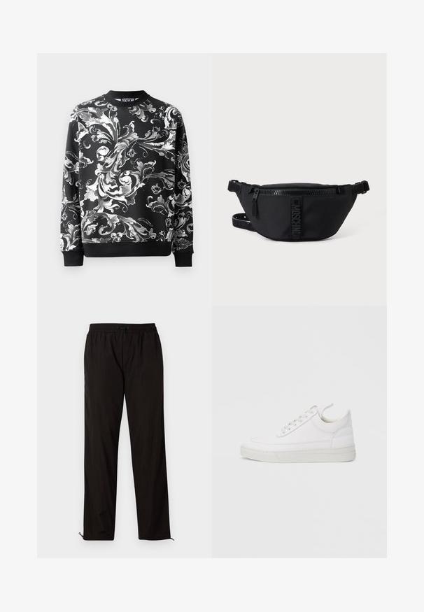 Sweatshirt noir avec des motifs floraux blancs élaborés, col rond et manches côtelées. Tissu lisse avec une coupe décontractée.; Pantalons légers noirs avec une taille élastique, fermeture à cordon, et bas zippés pour un ajustement réglable. Texture lisse et élégante.; Baskets en cuir blanc avec un embout arrondi, une semelle plate et un laçage à l'avant. Présentent des détails de couture et un col rembourré pour plus de confort.; Sac banane noir Moschino avec fermeture éclair frontale et sangle ajustable sur un fond uni clair.