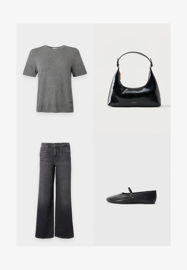 T-shirt gris à manches courtes en tissu doux. Col rond, coupe décontractée, avec un logo discret à l'ourlet. Texture lisse partout.; Jean en denim gris foncé à jambe large avec un dégradé subtil, doté d'une fermeture à bouton, de cinq poches et d'un ourlet droit au niveau de la cheville.; Ballerines noires en cuir avec un bout pointu, une semelle plate et une petite sangle avec un détail de boucle en argent.; Sac à main Calvin Klein noir brillant avec fermeture éclair dorée et anse courte sur fond blanc uni.