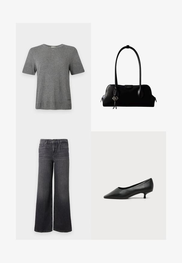 Grå T-shirt med korte ærmer lavet af blødt stof. Rund halsudskæring, afslappet pasform, med et diskret logo ved kanten. Glat tekstur over det hele.; Bredde ben mørkegrå denimjeans med en subtil falmning, der har knaplukning, fem lommer og en lige kant ved anklen.; Sort lavhælet damesko i læder med spids tå og lille kitten heel på ensfarvet lys baggrund.; Sort lædertaske fra Calvin Klein med lange håndtag, en forside-logo-tag og en sølv geometrisk vedhæng, der hænger fra det ene håndtag.