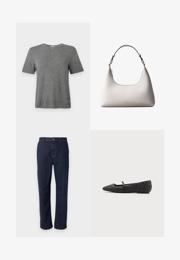 T-shirt gris à manches courtes en tissu doux. Col rond, coupe décontractée, avec un logo discret à l'ourlet. Texture lisse partout.; Jeans en denim bleu foncé avec une coupe droite, dotés d'une fermeture éclair, de poches avant et de coutures visibles dans une couleur contrastante.; Chaussure plate noire à bout pointu avec motifs géométriques matelassés et une fine bride sur le cou-de-pied sur fond uni.; Sac à bandoulière en cuir couleur crème de Calvin Klein avec bord supérieur incurvé, fermeture éclair argentée et sangle ajustable brun foncé.