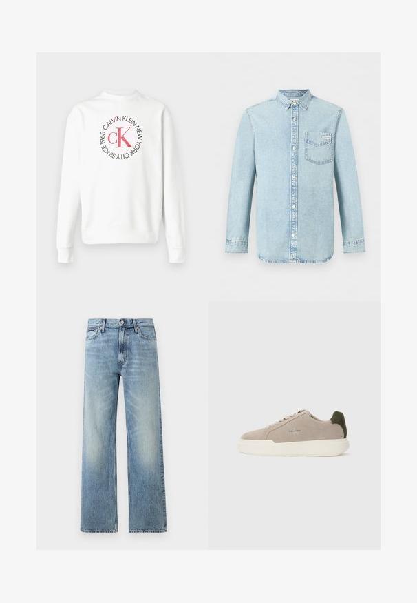 Hvid langærmet sweatshirt med rund hals og rødt CK-logo omgivet af sort tekst, der lyder "Calvin Klein New York City Since 1968" på forsiden.; Lyseblå denim-skjorte med lange ærmer, knaplukning foran, enkelt brystlomme med Calvin Klein-logo og spids krave.; Lyseblå denim jeans med lige ben, højt talje, fem lommer, knaplukning og diskrete falmede områder på lår og knæ.; Beige ruskinds sneakers med en hvid gummisål, der har en mørkegrøn hælaccent og subtil branding på siden.