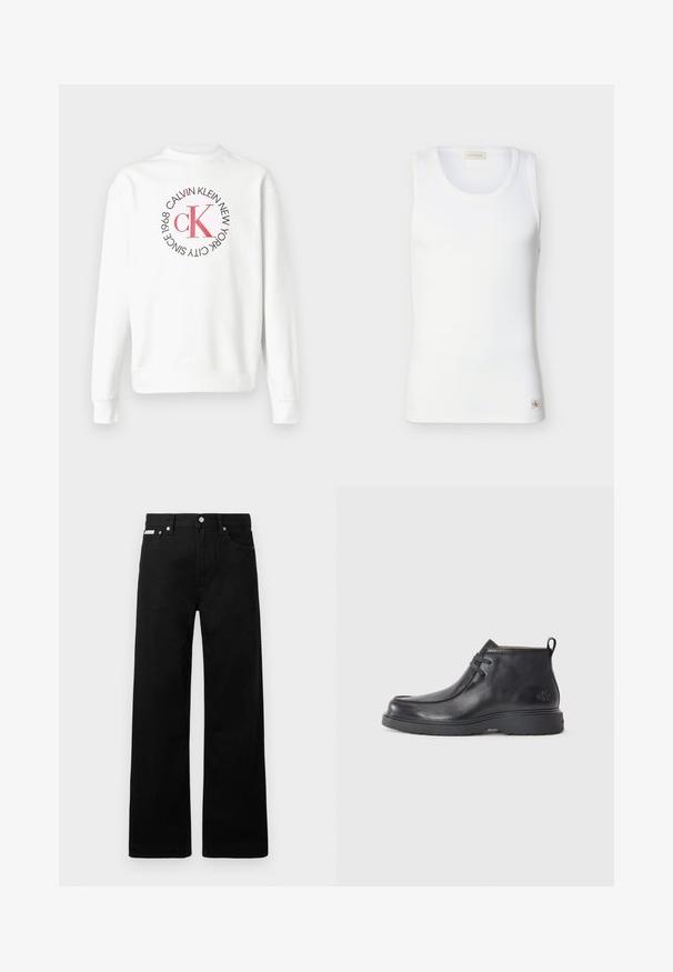 Hvid langærmet sweatshirt med rund hals og rødt CK-logo omgivet af sort tekst, der lyder "Calvin Klein New York City Since 1968" på forsiden.; Hvid ribbet ærmeløs tanktop med rund halsudskæring og lille Calvin Klein-logo mærke nær kanten på ensfarvet baggrund.; Sorte denimbukser med bred ben-design, der har fem lommer og metallisk knapdetalje. Glat tekstur, uden synlige mønstre.; Sorte læder ankelstøvler med rund tå, snørelukning og en løkke bagpå. Tekstureret overdel og gummisål.