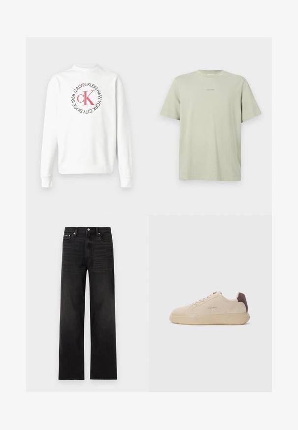Sweat-shirt blanc à manches longues avec col rond et logo CK rouge entouré de texte noir indiquant "Calvin Klein New York City Since 1968" sur le devant.; T-shirt en coton vert clair avec un col rond, des manches courtes et un petit logo Calvin Klein imprimé en une teinte plus foncée sur la poitrine.; Jean noir droit avec cinq poches, passants pour ceinture et fermeture par bouton, présenté sur un fond blanc.; Baskets en daim beige avec un bout rond, lacets à l'avant et un accent en daim marron sur le talon. Dotées d'une semelle en caoutchouc texturé.