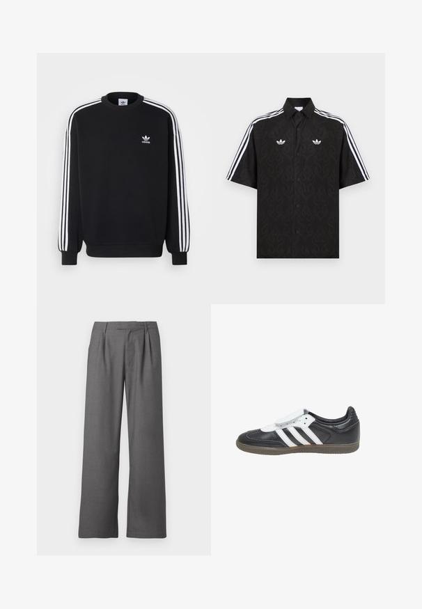 Sort sweatshirt med hvidt tre-stripes design på ærmerne, rund hals, ribbede manchetter og lille hvid Adidas-logo på brystet.; Sort kortærmet skjorte med knapper og et subtilt flammemønster, hvide Adidas trefoil-logoer på brystet og hvide tre striber på ærmerne.; Grå vide benbukser lavet af glat stof, med en plisseret front, sidelommer og en skrædderlavet talje med bæltestropper.; adidas Originals SAMBA LT - Sneakers - core black footwear white gum
