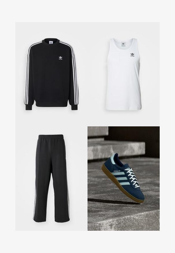 Zwarte sweatshirt met een witte drie-strepen ontwerp op de mouwen, ronde hals, geribde manchetten en een klein wit Adidas logo op de borst.; Witte geribde tanktop met ronde hals, zwarte Adidas-logo op de linkerborst en zonder mouwen. Zachte katoenen stof, casual pasvorm.; Zwarte trainingsbroek met een elastische tailleband, voorzien van witte zijstrepen en een relaxte pasvorm. Gemaakt van zachte, rekbare stof.; Blauwe Adidas Spezial sneaker met witte strepen en veters, gumzool, zwevend boven een ruwe betonnen oppervlakte en trappen op de achtergrond.