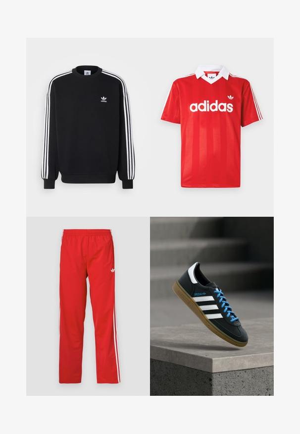 Sort sweatshirt med hvidt tre-stripes design på ærmerne, rund hals, ribbede manchetter og lille hvid Adidas-logo på brystet.; Rød Adidas sportstrøje med hvid krave, tre hvide striber på ærmerne og Adidas-logo centreret på brystet.; Røde træningsbukser lavet af letvægtsstof med elastisk linning og hvide striber ned langs siderne. Har et lille logo nær hoften.; Sort Adidas sneaker med hvide striber, blå snørebånd og gummisål, der svæver over gråt betontrin i blødt lys.