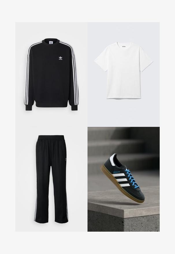 Sort sweatshirt med hvidt tre-stripes design på ærmerne, rund hals, ribbede manchetter og lille hvid Adidas-logo på brystet.; Hvid kortærmet crewneck T-shirt lagt fladt ud, ensfarvet design, med "WEEKDAY" mærkat inde i kraven på en lys baggrund.; Sorte træningsbukser med elastisk talje, der har hvide sidestænger og et lille logo. Materialet ser blødt og let ud.; Sort Adidas sneaker med hvide striber, blå snørebånd og gummisål, der svæver over gråt betontrin i blødt lys.