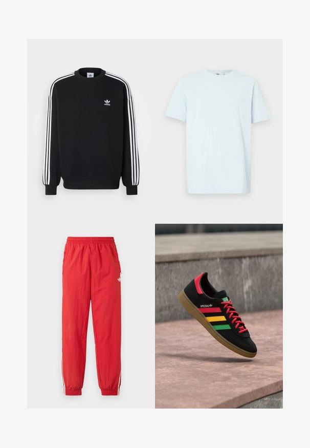 Sort sweatshirt med hvidt tre-stripes design på ærmerne, rund hals, ribbede manchetter og lille hvid Adidas-logo på brystet.; Lyseblå bomuldst-shirt med korte ærmer, rund halsudskæring og en lille hvid logo på øverste venstre side af brystet. Blød tekstur, afslappet pasform.; Røde atletikbukser af letvægtsmateriale med elastisk taljebånd, hvide sideliver og et lille logo på det øverste ben.; Sort Adidas Spezial-sneaker med røde, gule og grønne striber, røde snørebånd, gummisål og rødt hældetalje, vist svævende over fortovet.
