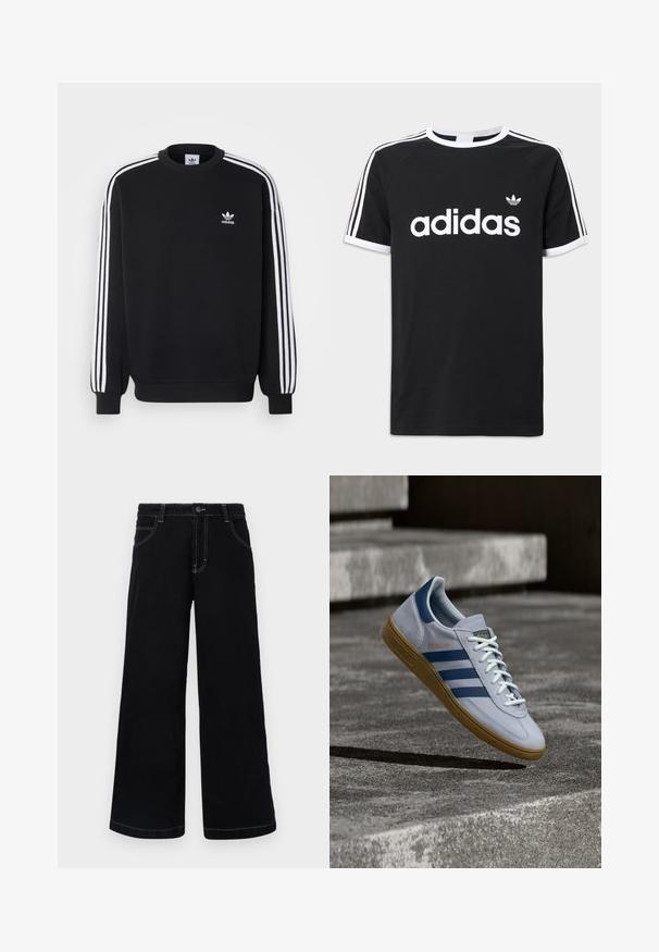Schwarzer Sweatshirt mit weißem Dreistreifen-Design an den Ärmeln, Rundhalsausschnitt, gerippten Bündchen und kleinem weißen Adidas-Logo auf der Brust.; Schwarzes Baumwoll-T-Shirt mit weißem Adidas-Logo, drei weißen Streifen auf den Schultern und weißem Besatz an Ausschnitt und Ärmeln.; Schwarze weit geschnittene Jeanshose aus Denim, mit Knopfverschluss, fünf Taschen und kontrastierendem weißen Nähten entlang der Nähte.; Hellblauer Adidas Spezial Sneaker mit dunkelblauen Streifen und Gummisohle, in der Luft über Betontreppen in neutralem Außenbereich gezeigt.