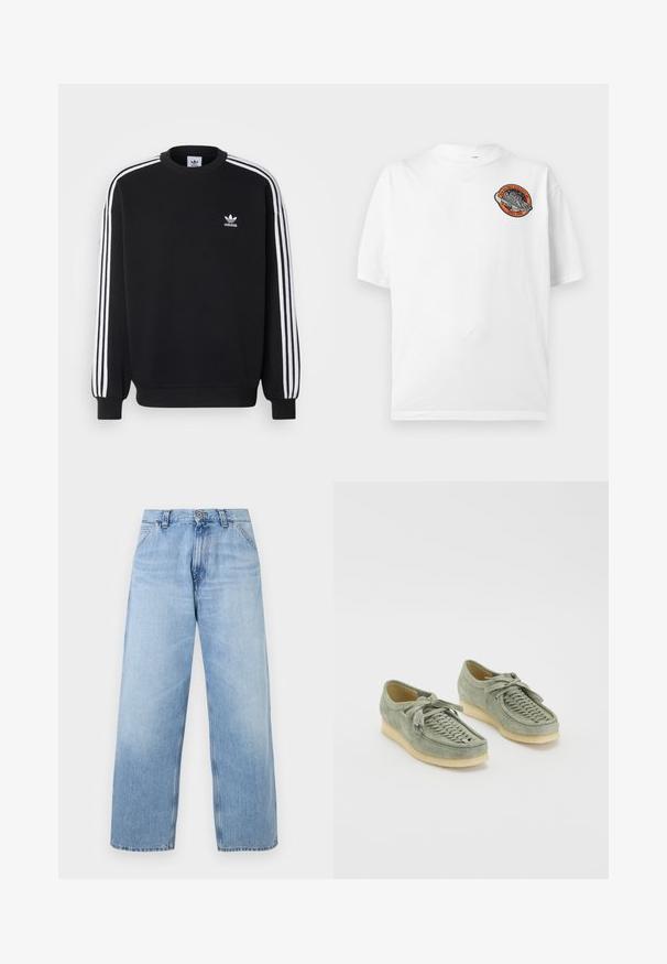 Sort sweatshirt med hvidt tre-stripes design på ærmerne, rund hals, ribbede manchetter og lille hvid Adidas-logo på brystet.; Hvid T-shirt med korte ærmer og et lille rundt rumtema-badge med en raket og teksten "High Balance Athletics Since 1908" på brystet.; Lyseblå denim bukser med vide ben, forlommer, bæltestropper, knaplukning og falmet detaljering.; Grønne ruskindssko med vævet detaljer på overdelen, snørelukning og kvastdetaljer. Kræmfarget gummisål.