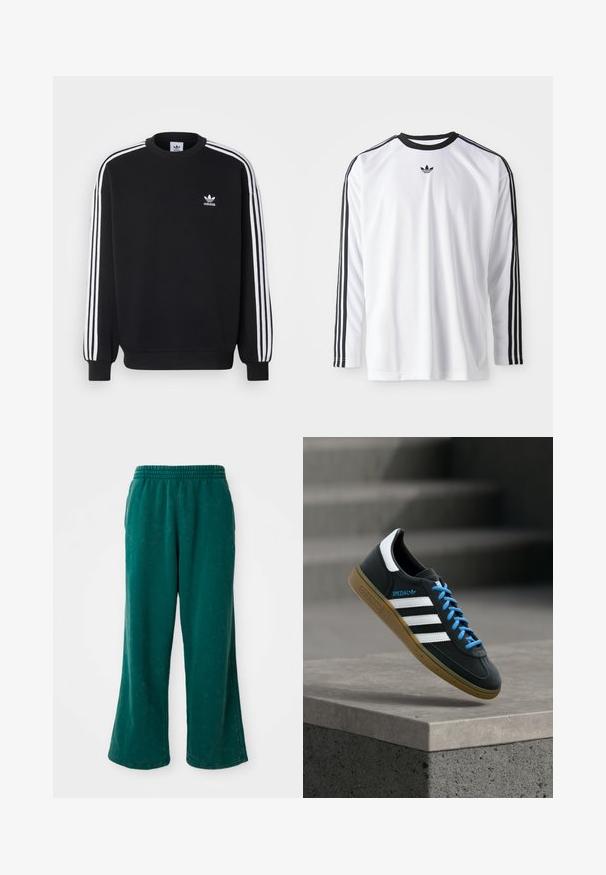 Zwarte sweatshirt met een witte drie-strepen ontwerp op de mouwen, ronde hals, geribde manchetten en een klein wit Adidas logo op de borst.; Witte lange mouw shirt van zachte stof met zwarte accenten, met drie zwarte strepen langs de mouwen en een klein zwart logo.; Groene, wijde sweatpants met een zachte textuur, voorzien van een elastische tailleband en zijzakken. Duurzaam stof met een relaxte pasvorm.; Zwarte Adidas-sneaker met witte strepen, blauwe veters en een gumzool die boven een grijze betonnen trede zweeft in zacht licht.