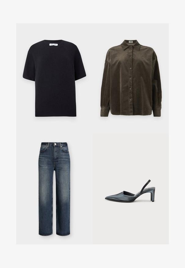 Pull court en maille noire à manches courtes avec un col rond et un ourlet côtelé. Texture lisse avec une coupe décontractée. Design minimaliste.; Chemise à manches longues en velours côtelé marron foncé, avec un col et des épaules tombantes, présentée sur un fond blanc uni.; Jean droit taille haute bleu foncé avec poches avant, passants de ceinture, fermeture par bouton et détails délavés subtils sur les cuisses et les genoux.; Escarpin noir à bride arrière avec un bout pointu, une finition satinée élégante et un talon fin de 7,5 cm. Design latéral ouvert avec des détails de couture minimalistes.