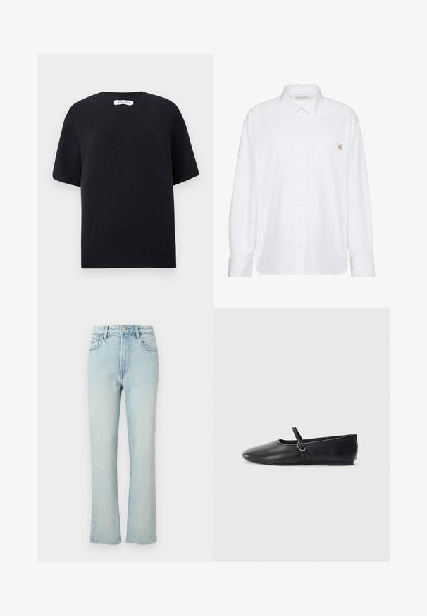 Pull court en maille noire à manches courtes avec un col rond et un ourlet côtelé. Texture lisse avec une coupe décontractée. Design minimaliste.; Chemise blanche à manches longues avec boutons, col pointu et petit écusson logo Calvin Klein sur la poche poitrine gauche.; Jean bleu clair taille haute à jambes droites avec bouton avant, passants de ceinture et design classique à cinq poches sur fond uni.; Ballerines noires en cuir avec un bout pointu, une semelle plate et une petite sangle avec un détail de boucle en argent.