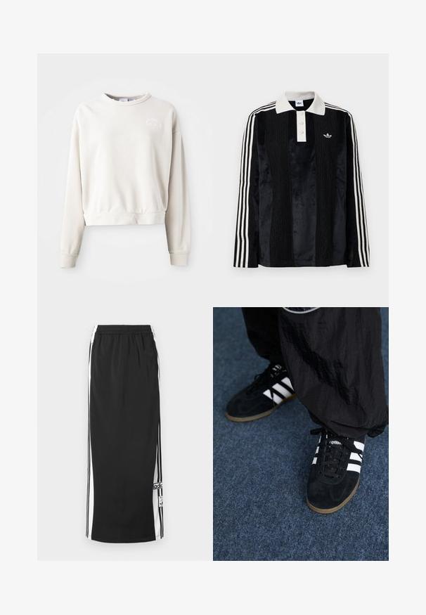 Krémový skrátený sweatshirt vyrobený z mäkkej tkaniny, s okrúhlym výstrihom, dlhými rukávmi a vyšívaným logom na hrudi.; Čierna sametová polo košeľa s dlhými rukávmi a bielym rebrovaným golierom, s tromi gombíkmi, texturovaným predným dielom a tromi bielymi pruhmi na každom rukáve.; Čierna dlhá športová sukňa s bielymi bočnými panelmi a čiernymi pruhmi, elastickým pásom a nášivkou s logom Adidas pri spodnom okraji.; Čierne roháčiky z semišu so tromi bielymi pruhmi a čiernymi šnúrkami. Texturované čierne nohavice sú čiastočne viditeľné vedľa topánok.
