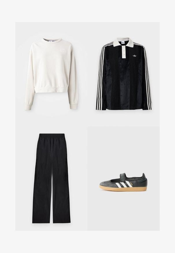 Cremefarvet cropped sweatshirt lavet af blødt stof, med rund halsudskæring, lange ærmer og et broderet logo på brystet.; Sort fløjl langærmet polo shirt med en hvid ribbestrikket krave, tre knapper, struktureret front og tre hvide striber på hver ærme.; Sorte bukser med vide ben og elastik i taljen, lavet af letvægtsstof, vist fladt på en lys baggrund.; Sort læder- og ruskinds sneakers med en Velcro-rem, der har tre hvide striber og en gummisål, mærket "SAMBA" på siden.