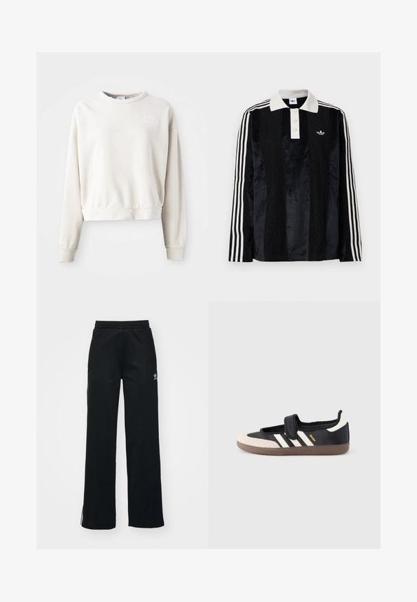 Kreemjas värvis lühike sweatshirt, mis on valmistatud pehmest kangast, ümarate kaeluste ja pikkade varrukatega ning mille rinnal on tikandiga logo.; Must musta särg, millel on pikad varrukad, valge soonikuline krae, kolm nööpaukku, tekstureeritud esipind ja kolm valget triipu igal varrukal.; Mustad mustat spordipüksid, vabalt istuv, paelaga talje, külgedel lukuga taskud ja vasakul jalal diskreetne valge brändimine.; Must ja beež vabaajajalats klõpsrihmaga, küljele on kolm valget triipu ning pruun tekstuuriga kummist tald. Brändi logo on nähtav.