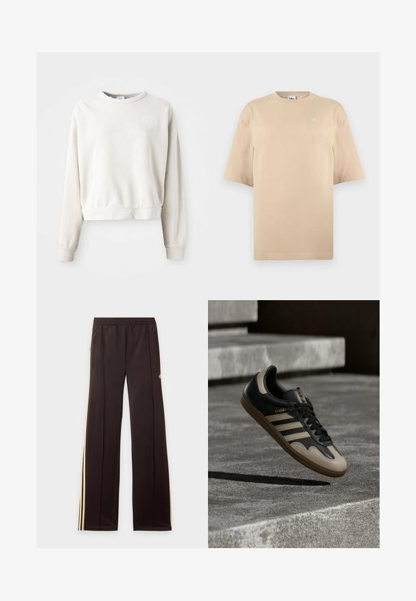 Sudadera corta de color crema hecha de tejido suave, con cuello redondo, mangas largas y un logo bordado en el pecho.; Camiseta beige de manga corta de gran tamaño con cuello redondo y pequeño logo blanco de trébol Adidas en el pecho, parte superior izquierda.; Pantalones de chándal negros con rayas amarillas laterales, cintura elástica, bolsillos laterales con cremallera y un pequeño logo en el muslo superior.; Zapatilla de cuero negra y beige con tres rayas blancas, suela de goma beige y detalles dorados "Samba" en el lateral.
