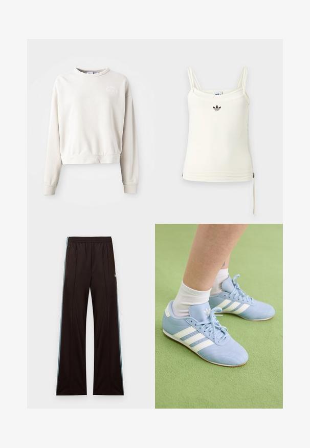 Sweatshirt court de couleur crème en tissu doux, avec un col rond, des manches longues et un logo brodé sur la poitrine.; Débardeur crème à fines bretelles ; logo Adidas noir sur la poitrine. Tissu lisse avec un cordon de serrage au bas. Design simple.; Pantalon de sport noir à jambes larges avec des bandes latérales bleu clair, taille élastique, poches zippées, et logo Adidas sur la hanche gauche.; Baskets de sport bleu clair avec des rayures blanches et un logo. Elles présentent un cuir texturé, un design à lacets et une semelle en caoutchouc. Portées avec des chaussettes blanches.