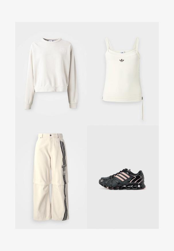 Krémový skrátený sweatshirt vyrobený z mäkkej tkaniny, s okrúhlym výstrihom, dlhými rukávmi a vyšívaným logom na hrudi.; Krémové tielko s tenkými ramienkami; čierne logo Adidas na prsiach. Hladká látka s detailom sťahovacieho šnúrky na leme. Jednoduchý dizajn.; Bežové nohavice s širokými nohavicami vyrobené z bavlny, s čiernym trojpruhovým dizajnom po boku a nášivkou loga Adidas na stehne.; Čierna športová teniska s ružovými pruhmi, segmentovanou odpruženou podrážkou a viazaním na šnúrky na svetlosivom pozadí.