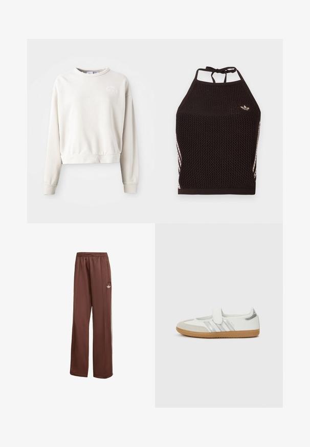 Kermanvärinen lyhyt huppari, joka on valmistettu pehmeästä kankaasta. Siinä on pyöreä pääntie, pitkät hihat ja brodattu logo rinnassa.; Musta verkkohalkioinen crop-top piikkikuviolla. Siinä on vaaleanpunaiset korosteraita ja pieni logo edessä. Solmittava takaosa.; Ruskeat urheiluhousut, joissa on rento malli. Valmistettu sileästä kankaasta, jossa on sivutaskut, valkoiset raidat ja pieni valkoinen logo reidessä.; Valkoinen lenkkikenkä hopeisilla raidoilla, mokkanahkainen kärki ja tarranauha. Karkeapintainen kumipohja. Minimalistinen muotoilu, sileä viimeistely.