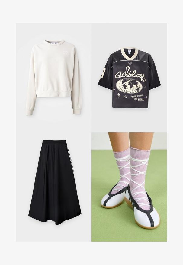 Sudadera corta de color crema hecha de tejido suave, con cuello redondo, mangas largas y un logo bordado en el pecho.; Camiseta deportiva de malla negra de ajuste holgado, con detalles en crema, escote en V y gráficos que incluyen un globo terráqueo y estrellas.; Pantalones negros de pierna ancha con cinturilla elástica y franjas blancas laterales, mostrados sobre un fondo blanco liso.; Piernas con calcetines lavanda acanalados con tiras blancas cruzadas combinados con bailarinas blancas con ribete negro sobre un suelo verde.