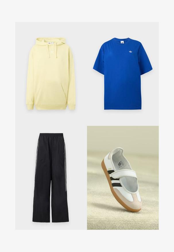 Sweat à capuche jaune clair avec une poche kangourou. Présente un logo blanc sur la poitrine et des poignets et un ourlet côtelés. Texture de tissu douce.; T-shirt Adidas bleu à manches courtes et col rond avec un petit logo blanc trefoil Adidas sur la poitrine gauche.; Pantalon de survêtement noir à jambes larges avec ceinture élastique et trois bandes blanches sur le côté de chaque jambe.; Chaussure blanche avec un embout en daim rose, des rayures noires et une sangle Velcro. Dispose d'une semelle en caoutchouc brun et d'un logo sur le côté.