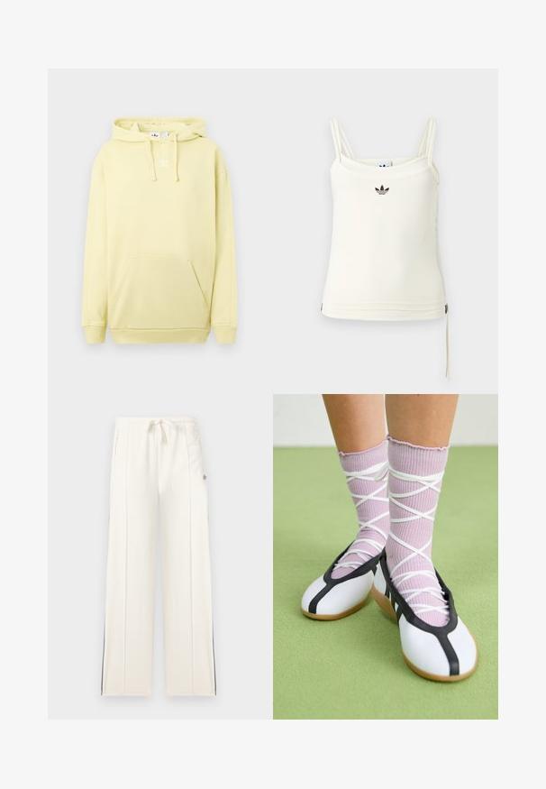 Sweat à capuche jaune clair avec une poche kangourou. Présente un logo blanc sur la poitrine et des poignets et un ourlet côtelés. Texture de tissu douce.; Débardeur crème à fines bretelles ; logo Adidas noir sur la poitrine. Tissu lisse avec un cordon de serrage au bas. Design simple.; Pantalon de jogging blanc à jambes larges avec taille élastique à cordon, poches latérales, détails de coutures verticales et fines rayures noires le long des jambes extérieures.; Jambes portant des chaussettes lavande côtelées avec des brides blanches croisées, associées à des ballerines blanches avec un bord noir sur un sol vert.