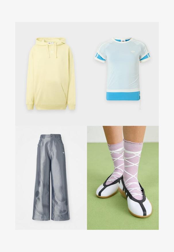 Sweat à capuche jaune clair avec une poche kangourou. Présente un logo blanc sur la poitrine et des poignets et un ourlet côtelés. Texture de tissu douce.; T-shirt de sport bleu clair avec des accents blancs et des panneaux latéraux bleus. Il présente un col rond et des manches courtes, fabriqué dans un tissu lisse.; Pantalons à jambes larges en matériau gris brillant, présentant des bandes latérales blanches et un motif de flammes sur les jambes inférieures. Fermeture à bouton et à zip à la taille.; Jambes portant des chaussettes lavande côtelées avec des brides blanches croisées, associées à des ballerines blanches avec un bord noir sur un sol vert.