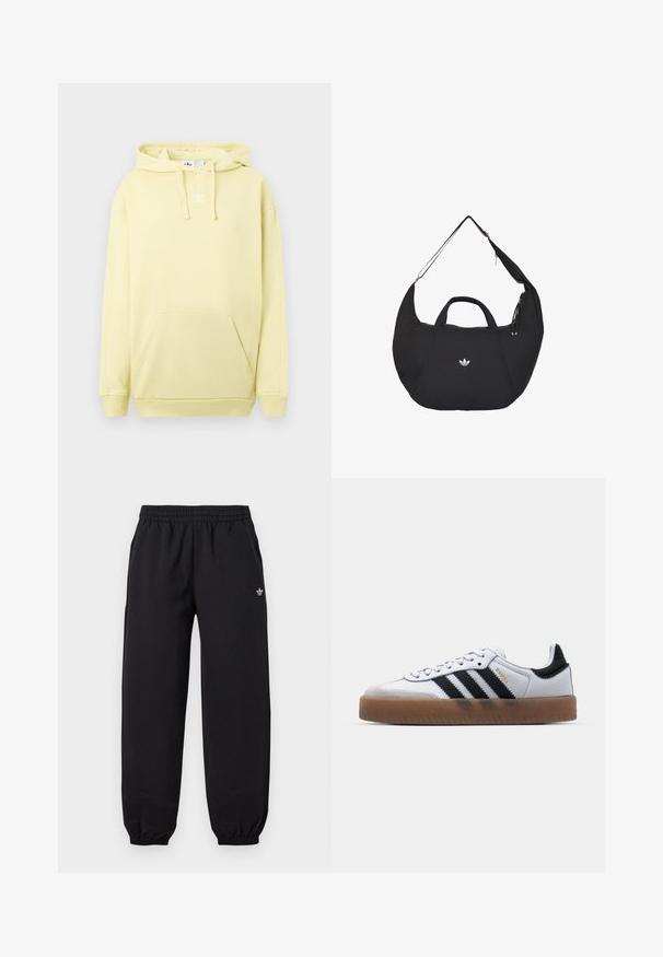 Sweat à capuche jaune clair avec une poche kangourou. Présente un logo blanc sur la poitrine et des poignets et un ourlet côtelés. Texture de tissu douce.; Pantalon de survêtement Adidas noir avec taille et poignets élastiques, avec un petit logo blanc Adidas sur la partie supérieure de la cuisse gauche.; Baskets en cuir blanc avec des rayures noires, semelle extérieure en caoutchouc beige, bout rond, fermeture lacée et embout en suède gris doux.; Sac Adidas noir en forme de croissant avec double poignée et bandoulière réglable, affichant le logo blanc Adidas trefoil au centre avant.