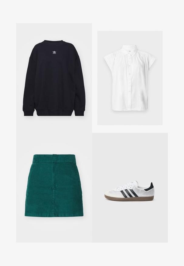 Sort sweatshirt lavet af en bomuldsblanding, med ribbet rund hals og manchetter, og et lille hvidt Adidas-logo centralt placeret på brystet.; Hvid kortærmet skjorte med knapper, klassisk krave og voluminøse stofdetaljer på skuldrene.; Grønne fløjl mini nederdel med lige snit, med høj talje og lodret ribbet tekstur, afsluttet med rene kanter.; Hvid mesh-sneaker med sorte striber, beige ruskind på tåhætte og hæl, tekstureret gummisål og hvide snørebånd. Klassisk lavtopsdesign.