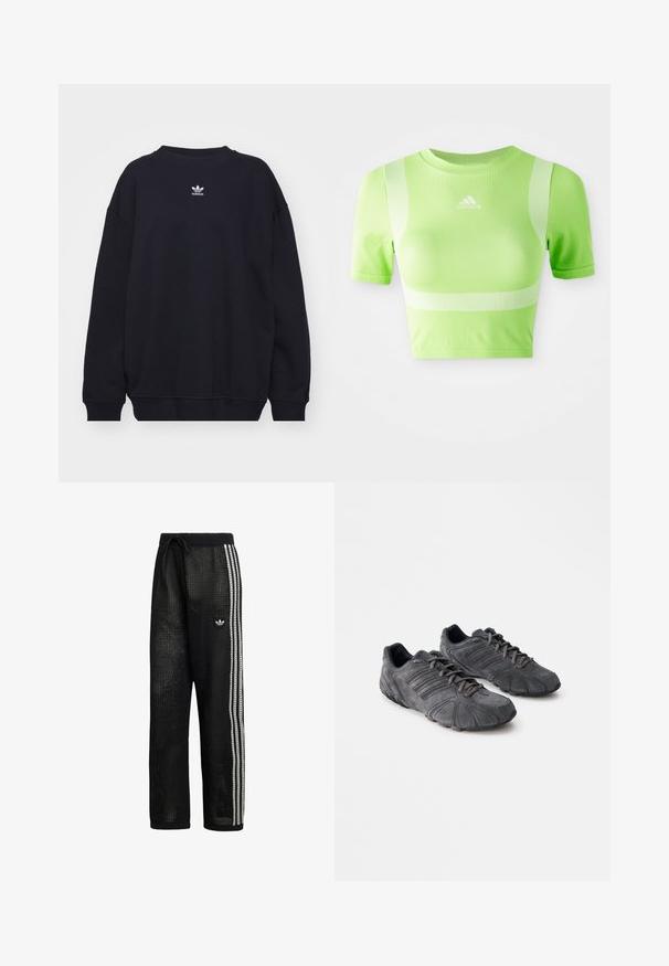 Sort sweatshirt lavet af en bomuldsblanding, med ribbet rund hals og manchetter, og et lille hvidt Adidas-logo centralt placeret på brystet.; Kappet atletisk skjorte i lys grøn stof. Har korte ærmer, rund hals og hvidt diagonalt stribemønster på skuldrene. adidas-logo på fronten.; Sorte atletikbukser i mesh med løs pasform, der har kontrastfulde hvide sidelister og et broderet logo på venstre lår. Elastisk taljebånd.; Sorte ruskind atletik sko med en tekstureret overflade, buet design og gummisåler. Har snører og vandrette striber på siderne.