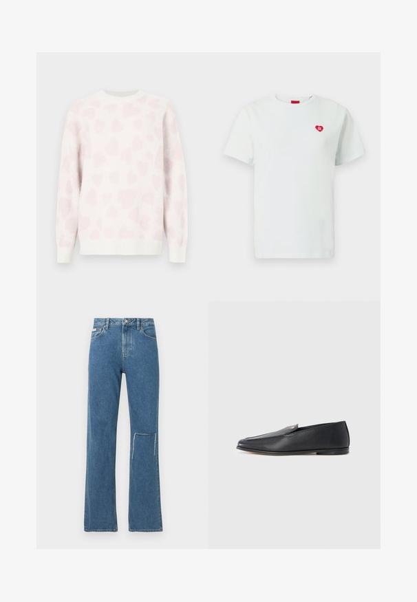 Pull blanc à la texture douce, arborant un motif de cœur rose. Col rond et poignets côtelés mettent en valeur le design.; T-shirt en coton blanc à manches courtes, décolleté rond et un petit logo en forme de cœur rouge avec "HUGO" sur la poitrine gauche.; Jean en denim bleu à coupe ample, avec des ourlets bruts et une finition délavée. Design classique à cinq poches, fermeture par bouton et passants pour ceinture.; Mocassins en cuir noir à texture lisse, bout arrondi et détails de couture subtils. Ils présentent un accent logo doré sur le côté supérieur.
