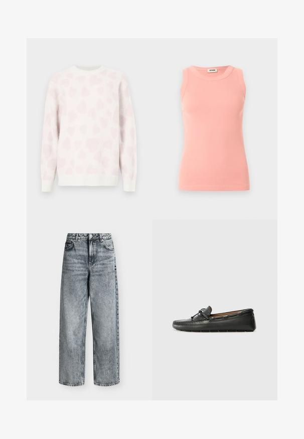 Pull blanc à la texture douce, arborant un motif de cœur rose. Col rond et poignets côtelés mettent en valeur le design.; Débardeur rose côtelé sans manches avec col rond et étiquette Drykorn à l'arrière du col, présenté sur un fond clair uni.; Jean taille haute à jambes droites en denim gris délavé avec poches avant, passants de ceinture et fermeture par bouton.; Bateau en cuir noir avec un bout arrondi, des détails de couture, un petit accent en nœud et une semelle en caoutchouc. Texture lisse et design épuré.