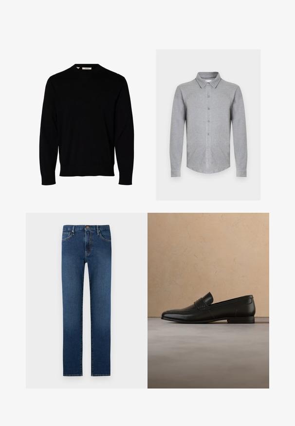 Pull noir uni à manches longues avec col rond, poignets et ourlet côtelés, présenté sur fond blanc.; Chemise grise à manches longues en tissu doux, avec un col à revers, une fermeture boutonnée sur le devant et un ourlet arrondi. Design simple sans motifs.; Jean denim bleu foncé droit avec cinq poches, fermeture par bouton et surpiqûres contrastantes.; Mocassin en cuir noir présenté en lévitation au-dessus d'un tapis beige avec un canapé beige en arrière-plan.